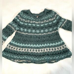 Free People green fairisle flare hem sweater, wool/cotton blend, size small.